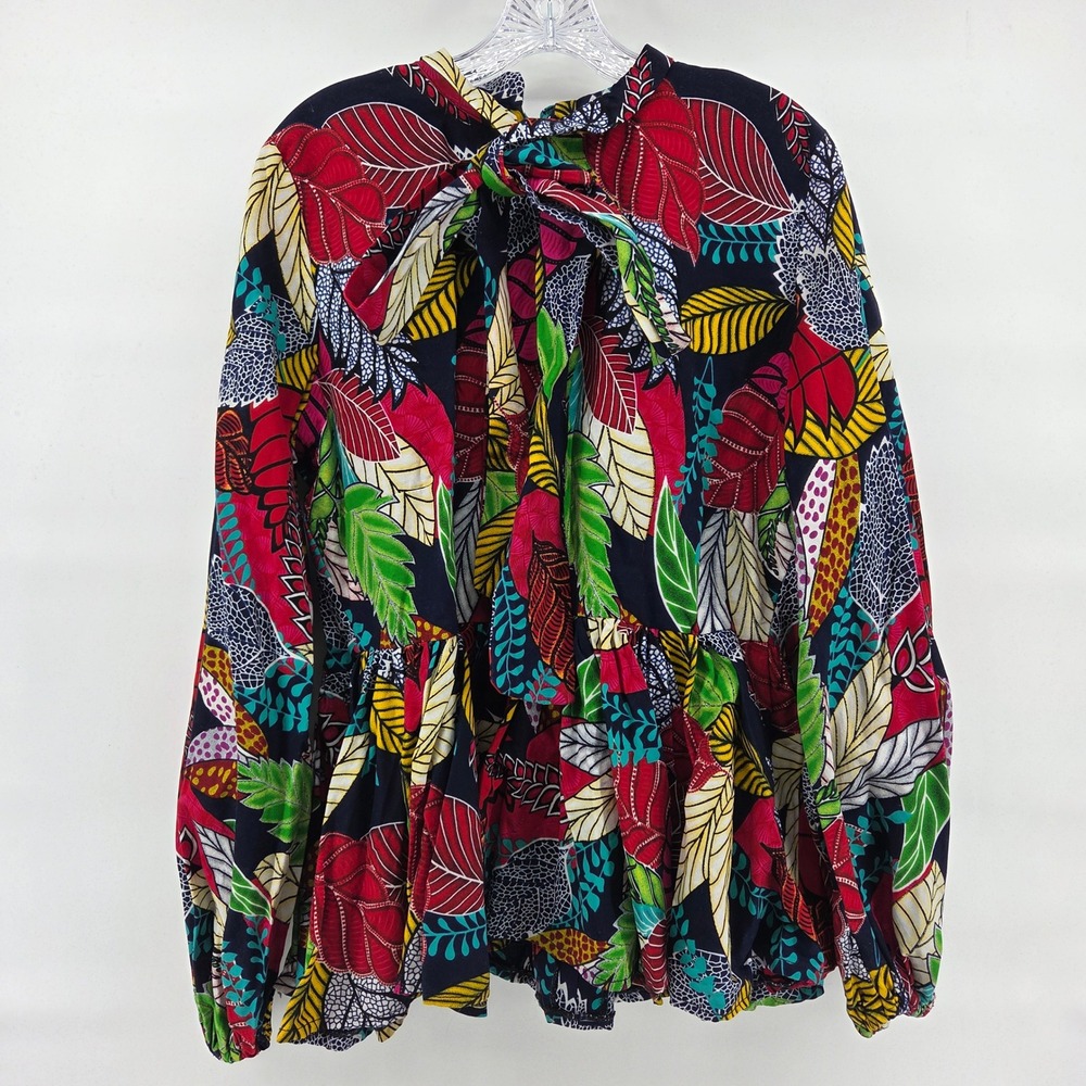 MAE OTTI Bibi African Top XL Tropical Leaf Print Peplum Bow Neck‎ Bright